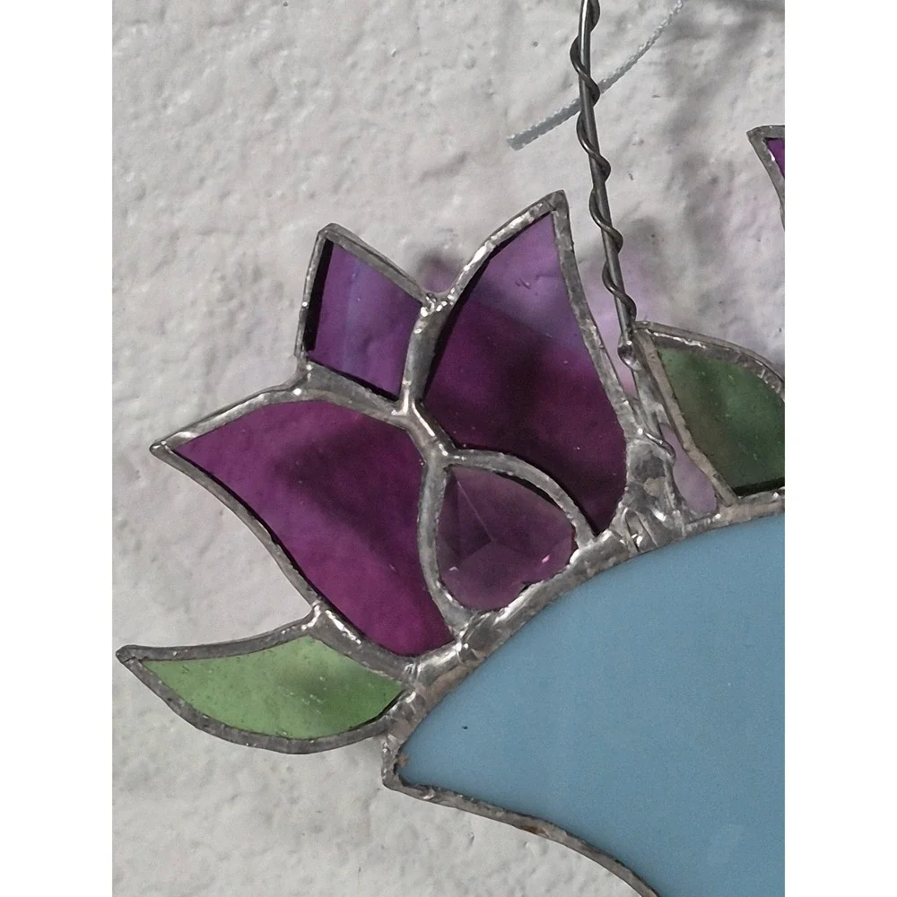 Vintage Stained Glass Tulip Flower Basket Suncatcher Purple Blue Wall Hanging
